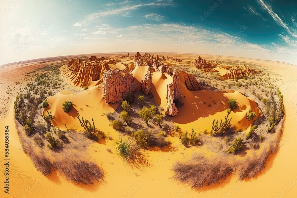 Canvas Prints dunes overgrown with grass and cactuses in desert panorama from helicopter, created with generative ai