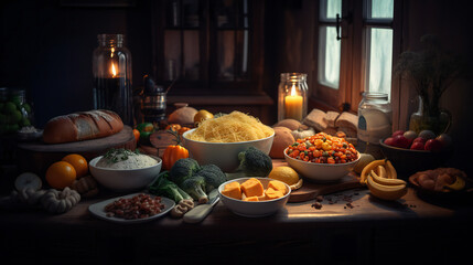 Fototapeta na wymiar healthy food, salad on the table of wood
