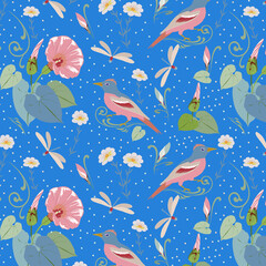 Pattern with convolvulus and stylized birds