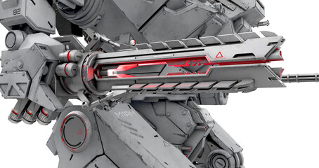 close up on the plasma cannon of the heavy mech in white background