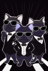 Three cool stylish cats in glasses posing for the camera. AI Generated