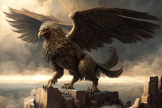 ancient griffin, soaring over distant landscape, with its wings spread wide, created with generative ai