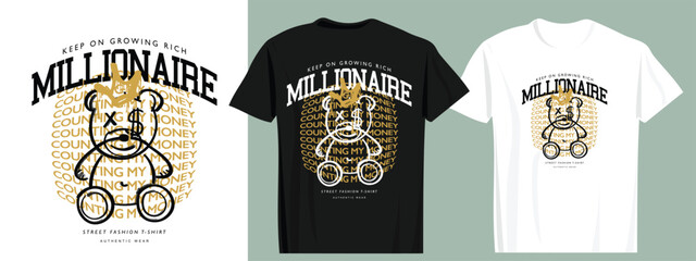 Millionaire slogan text. Teddy bear emoji drawing with gold crown. Vector illustration design for fashion graphics, t shirt prints.