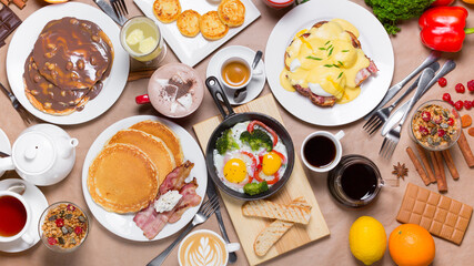 Breakfast table, breakfast, eggs for breakfast, desserts on the table, morning meal, breakfast menu