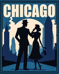 Antique 1920s illustration featuring a dancing couple and iconic Chicago buildings with a dark blue sky and sleek, minimalist design. Generative AI