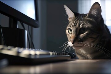 Fototapeta na wymiar Cat sat on a desk working from home office
