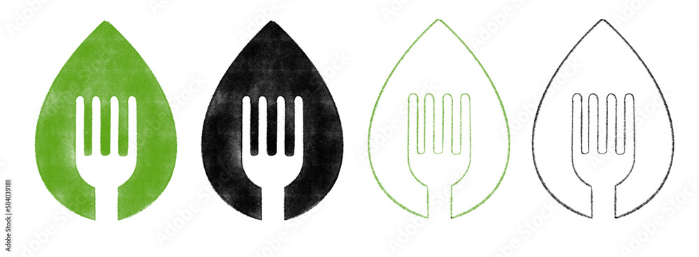 Wall mural Vegan vegetarian icon symbol set vector illustration hand drawn green plant based eating diet sign fork leaves logo tag for cafe restaurant menu packaging design concept organic healthy badge label