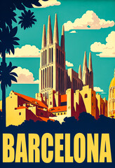Poster from 1930s of Barcelona with monuments in the background, including the Sagrada Família. Clear blue sky and bright colors with a flat design. Generative AI - obrazy, fototapety, plakaty