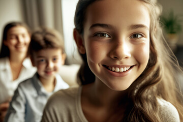 Obraz premium little girl with a smile with her younger brother and mom on the sofa in the living room, kids and mom at home. Generative AI