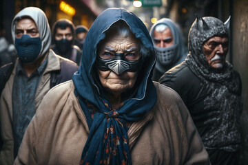 retirees are superheroes, masked and ready to fight, patrolling a narrow side street in a city riot the fight for justice. Generative AI - obrazy, fototapety, plakaty