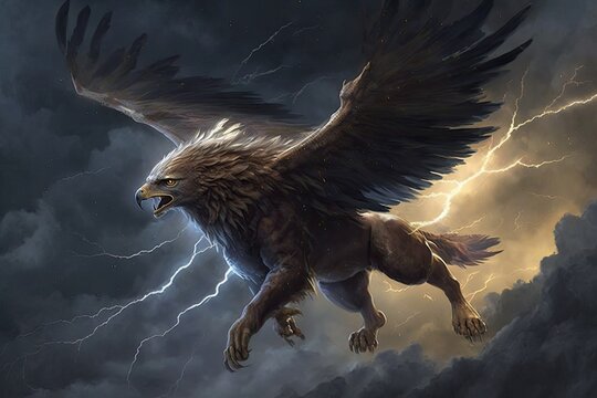 griffin soaring through stormy sky, lightning flashing in the background, created with generative ai