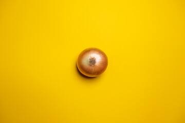 Organic whole white onion on a yellow background. Cool minimal flat lay, copy space