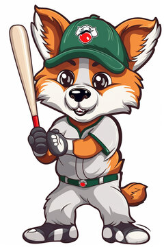 Funny wolf cub in a baseball uniform with a bat in his paw looks forward on a white background. AI Generated