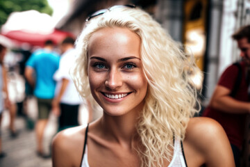 Obraz na płótnie Canvas young woman explores an old town, smiling on a sunny day, woman in a fictitious place with other tourists in the background. Generative AI