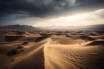 Fototapeta na wymiar a dark sky over a desert with sand dunes and mountains. generative ai