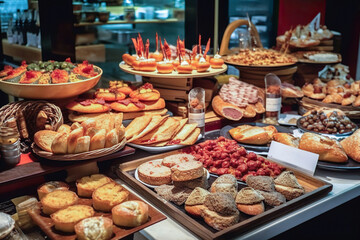 Fototapeta premium Appetizing spanish tapas with anchovies and shrimp close-up in the restaurant of San Sebastian, Donostia, Spain