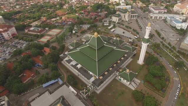 MALACCA, MALAYSIA-The Masjid Kampung Kling (Keling) mosque in Malacca is shaped like a pagoda. (aerial photography)