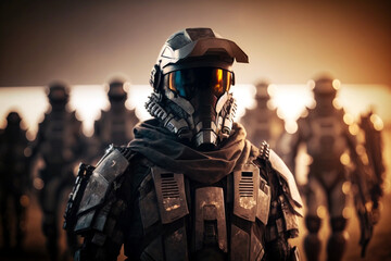 Fototapeta premium abstract, fictional soldiers in armor like a knight armor, abstract or futuristic. Generative AI