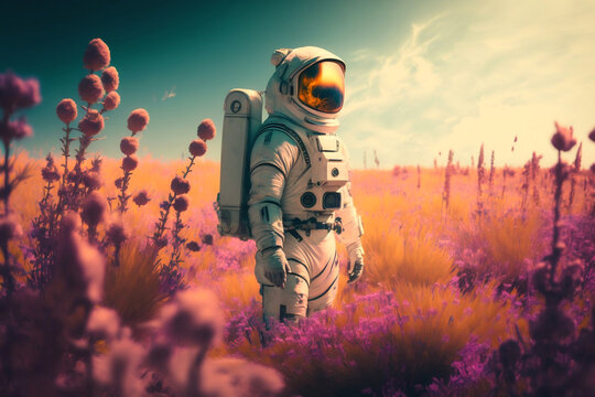 Astronaut on the blomming field. Generative ai.