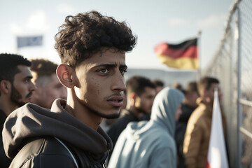 migration and refugees, immigration to germany, young men standing at the border fence. Generative AI - obrazy, fototapety, plakaty