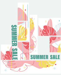 Summer Sale banner with tropical style . In blue pink yellow colors. Vector
