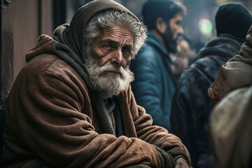 Old man, old man with a negative mood in a thick jacket and hoodie, poverty or homelessness, sadness or disappointment, fictitious place. Generative AI
