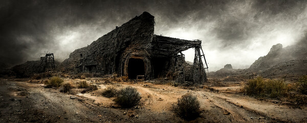 A harsh and wild landscape: an old forgotten mine in the middle of the American desert. Ideal for dark and disturbing atmospheres. Generative AI - obrazy, fototapety, plakaty