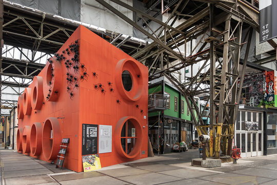 NDSM cultural Art City in former NDSM warehouse, part of the former shipyard houses artists, artisans and other creative businesses and regular expos. AMSTERDAM, The NETHERLANDS. February 26, 2023.