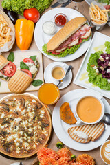 pizza with salami and cheese, healthy food, vegetarian breakfasts