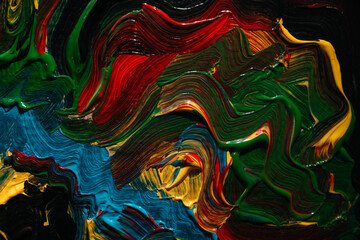 Acrylic wet colored brush strokes. Texture: background of fresh paint.Painting. Abstract, pattern, wallpaper, green, black, blue, red. Lines, waves, curves