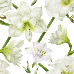 Seamless pattern of white liliy and alstroemeria. Romantic composition for weddings and Valentines Day. Floral watercolor illustration for textiles, greetings and invitations