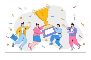 Fototapeta premium Group of people jumping holding trophy and golden cup. Business team achievements. Office employee get reward and celebrate. design style minimal vector illustration for landing page, hero images