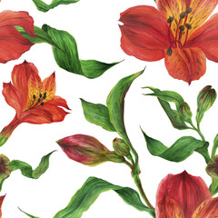 Seamless pattern of red alstroemeria flowers. Romantic composition for weddings and Valentines Day. Floral watercolor illustration for textiles, greetings and invitations