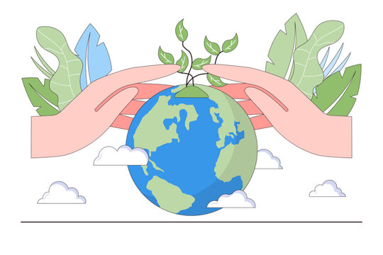 Save planet and energy concept. Hands close the planet from pollution. Environmental and earth day vector illustration for landing page, web banner, hero images, homepage