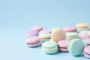 Fototapeta na wymiar generative ai illustration of pastel colored macaroons on light blue background with copy space