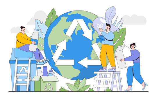 People helping to clean the world by recycling and sorting waste for better environment. Environmental and earth day vector cartoon illustration for landing page, web banner, hero images