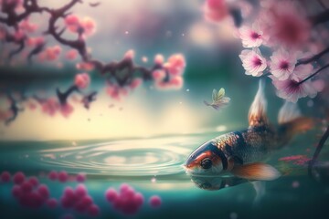 A koi fish on the water surface . Ai. Fish in the lake
