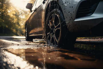 Splashes and underside of a car wheel with selective focus and blurred background. AI generated, human enhanced.