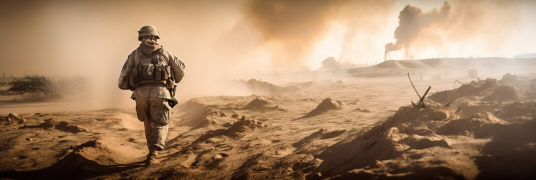 Special forces soldier crosses the battlefield, smoke in the desert background wide poster panorama