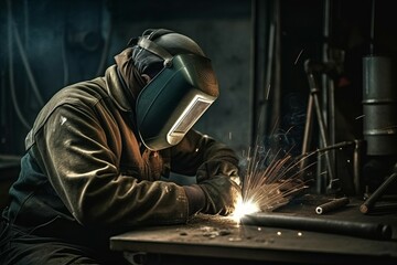 Obraz na płótnie Canvas Worker or welder in the metallurgical industry performing welding in his workshop. AI generated, human enhanced.