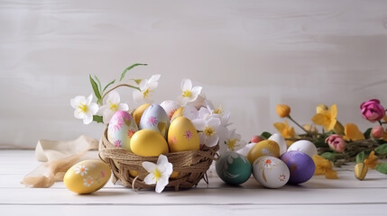 A straw basket with several colored eggs. light environment with flowers decorating.