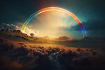Fototapeta na wymiar Rainbow arcing over a landscape, the vibrant colors of the spectrum captured. AI generated, human enhanced