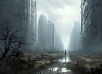 a lone figure standing in an abandoned destroyed city overgrown with tropical trees, apocalyptic fantasy concept art. generative ai illustration.