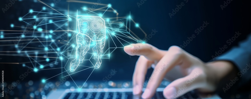 Poster ai machine learning human fingers tapping ai button in backdrop connected to big data network. techn