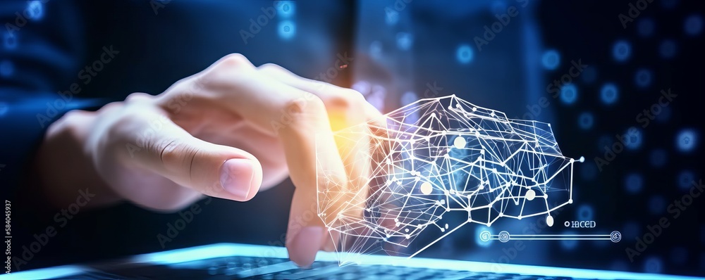 Poster ai machine learning human fingers tapping ai button in backdrop connected to big data network. techn
