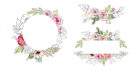Watercolor wreaths and bouquets with pink flowers and green leaves with linear strokes, Watercolor Florals and Hand Drawn Botanical Elements, Floral arrangement for card, invitation, decoration. 