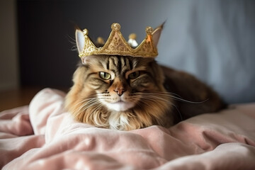 Cute cat wears a crown, lies in a basket, covered with a blanket