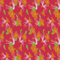 Floral vector repeat pattern in Carrot Orange flowers on Carbon Red color background.