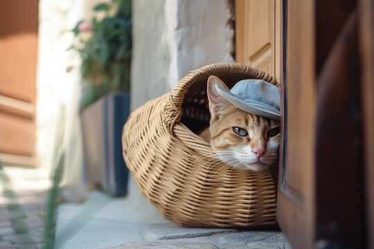 Cute cat wearing a cap, lies in a basket, background house door