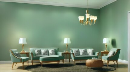 a living room with green furniture and a chandelier - Generative AI